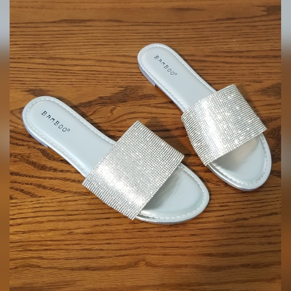 New BAMBOO Shimmering Silver Slide Sandals